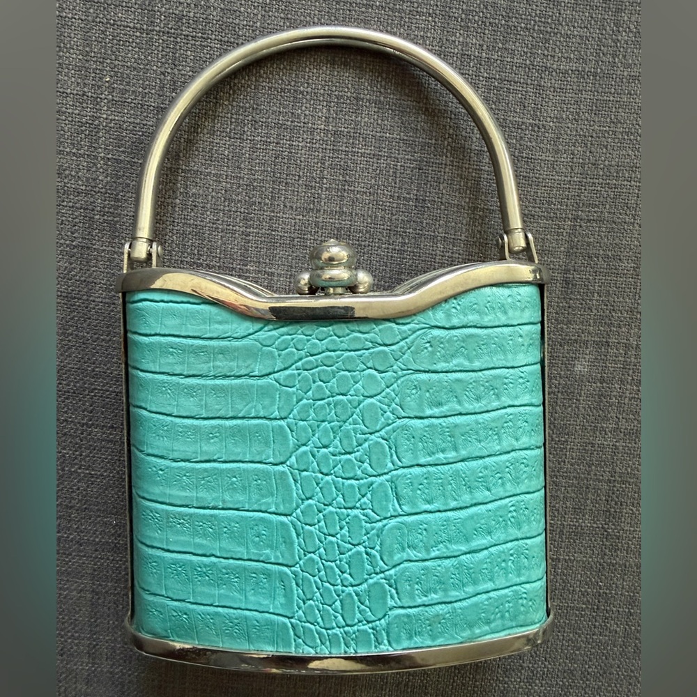 Turquoise Croc-Embossed Top Handle Bag